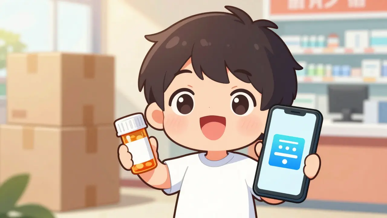 Happy chibi character holding pills and phone with discount coupon