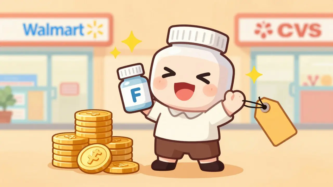 Happy chibi character saving money on generic allergy medicine.