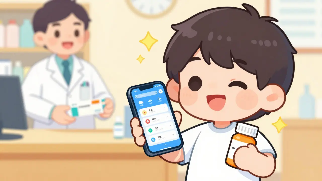 Happy chibi character saving money on generic medication with a coupon app