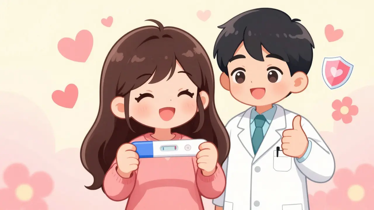 Happy chibi woman with pregnancy test and supportive doctor in anime style.