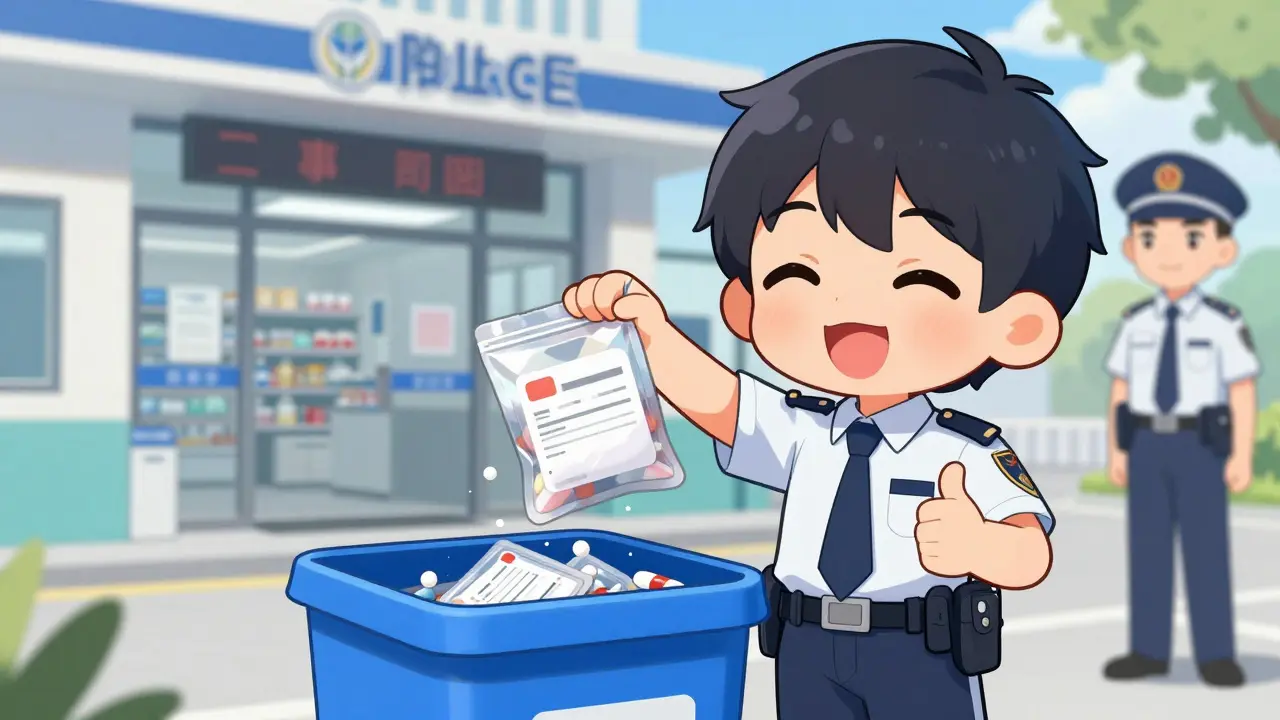 Chibi character dropping off meds at a collection bin