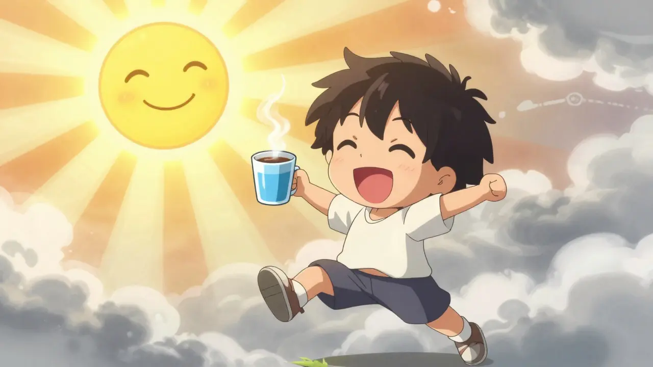 Chibi character enjoying morning sun, coffee, and water
