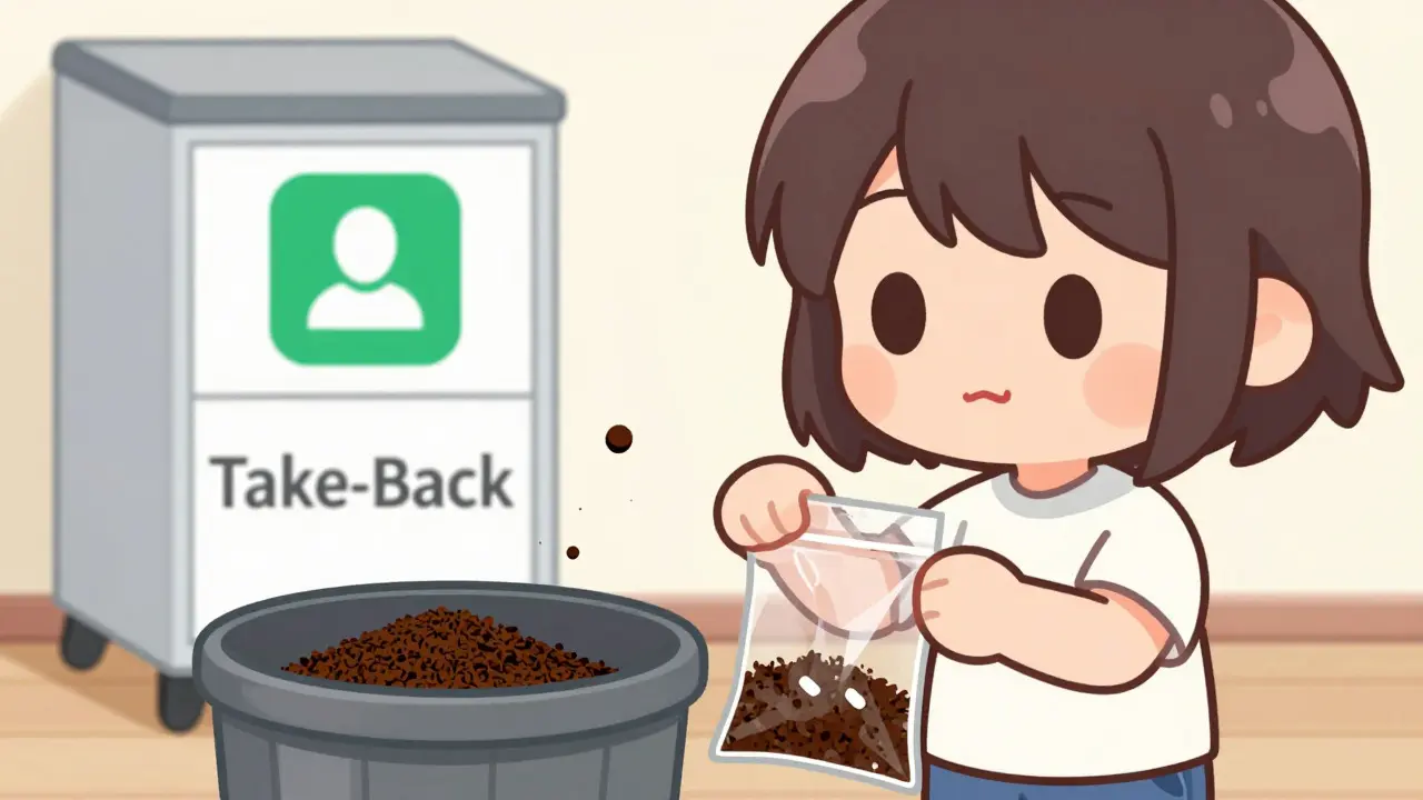 Chibi character safely disposing of expired pills with coffee grounds.