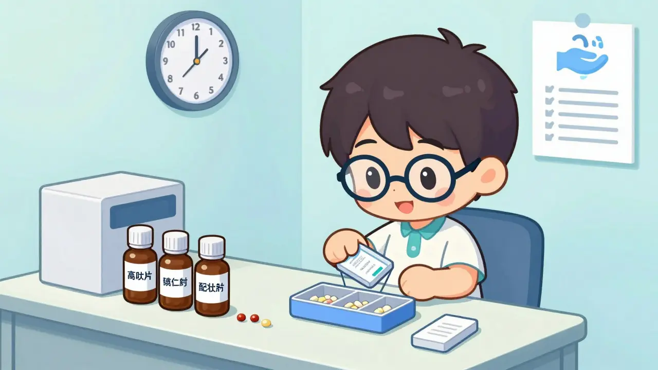 Chibi character safely filling a pill box with original bottles nearby.