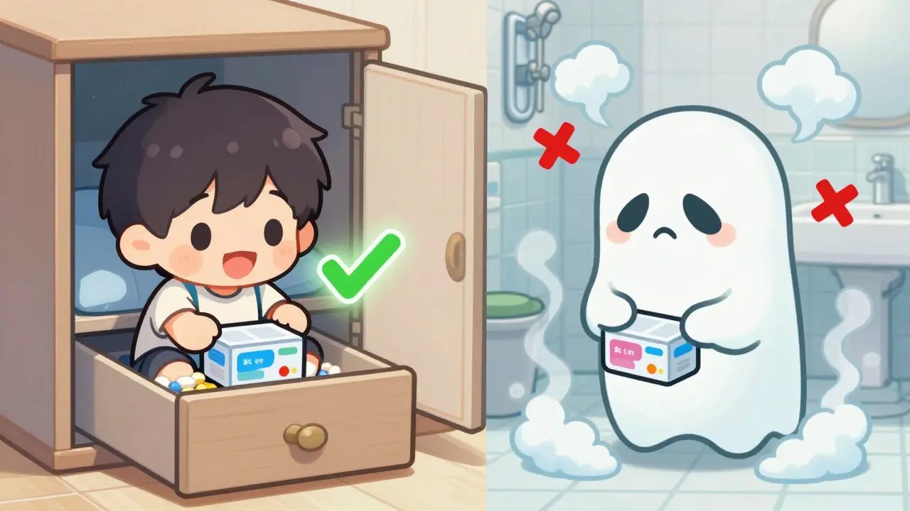 Chibi character storing pill box in a drawer versus a humid bathroom.