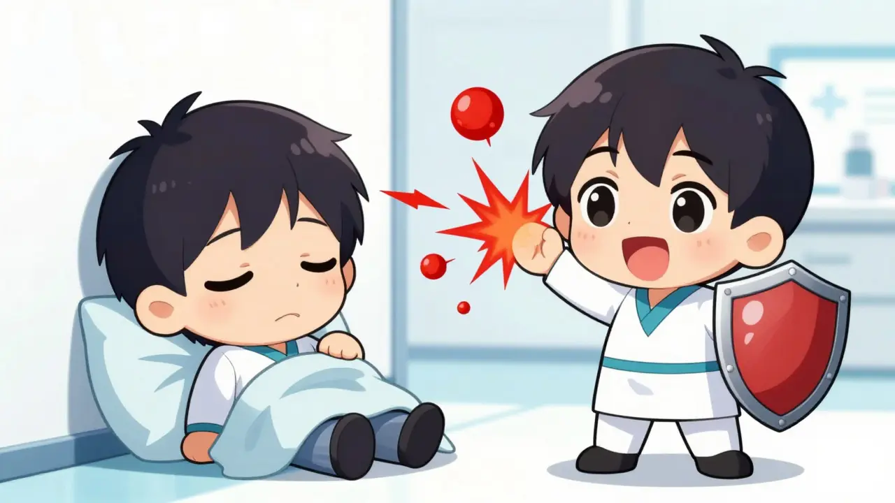 Chibi comparison of sleepy vs alert antihistamine effects