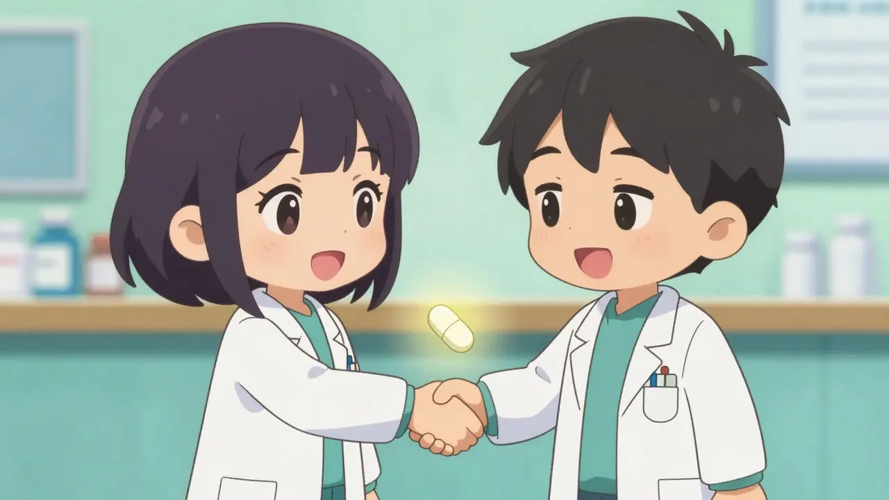 Chibi doctor and pharmacist collaborating over a glowing combined pill