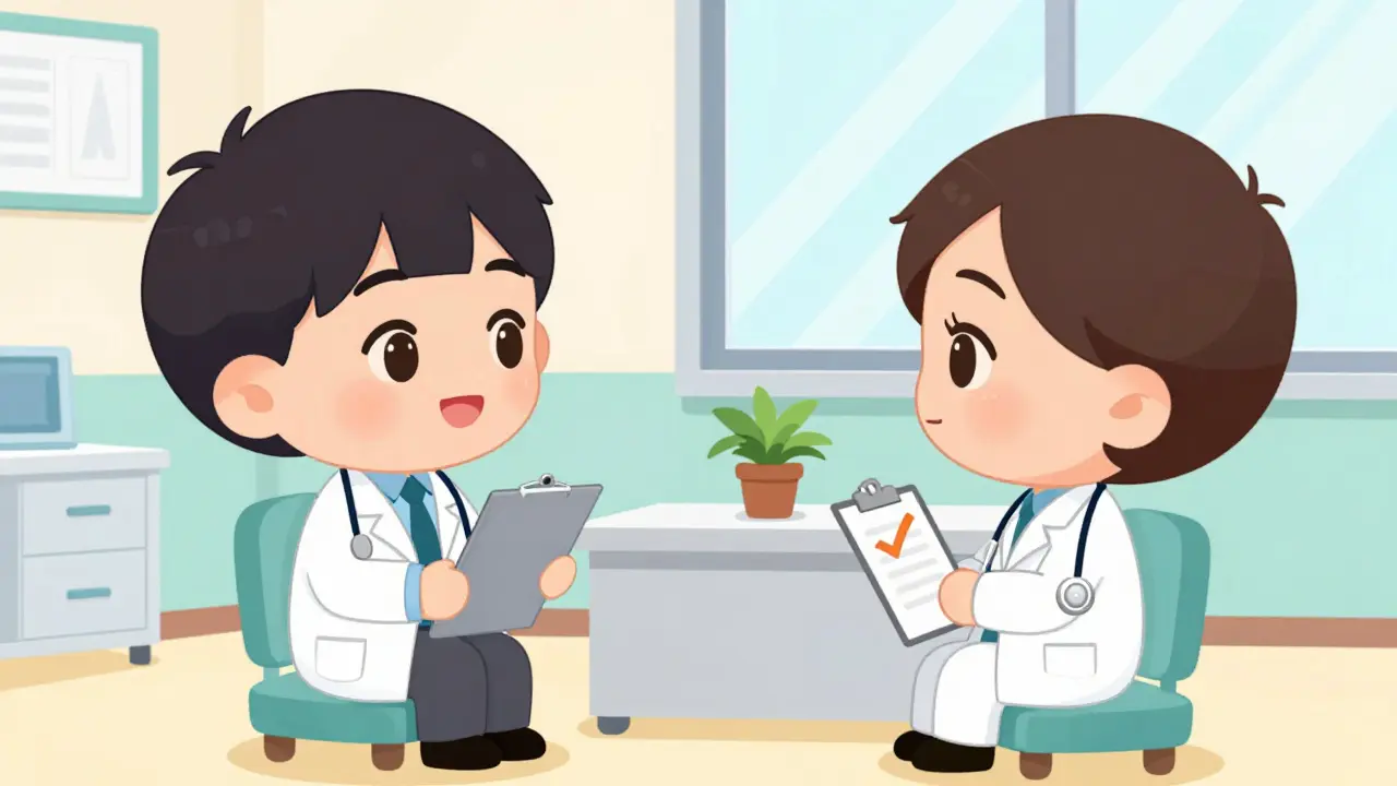 Chibi doctor consulting with patient safely