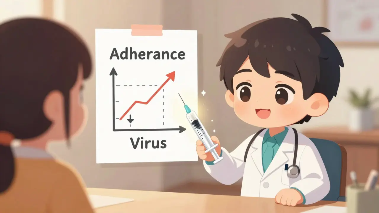 Chibi doctor explaining adherence and injections to a patient character.