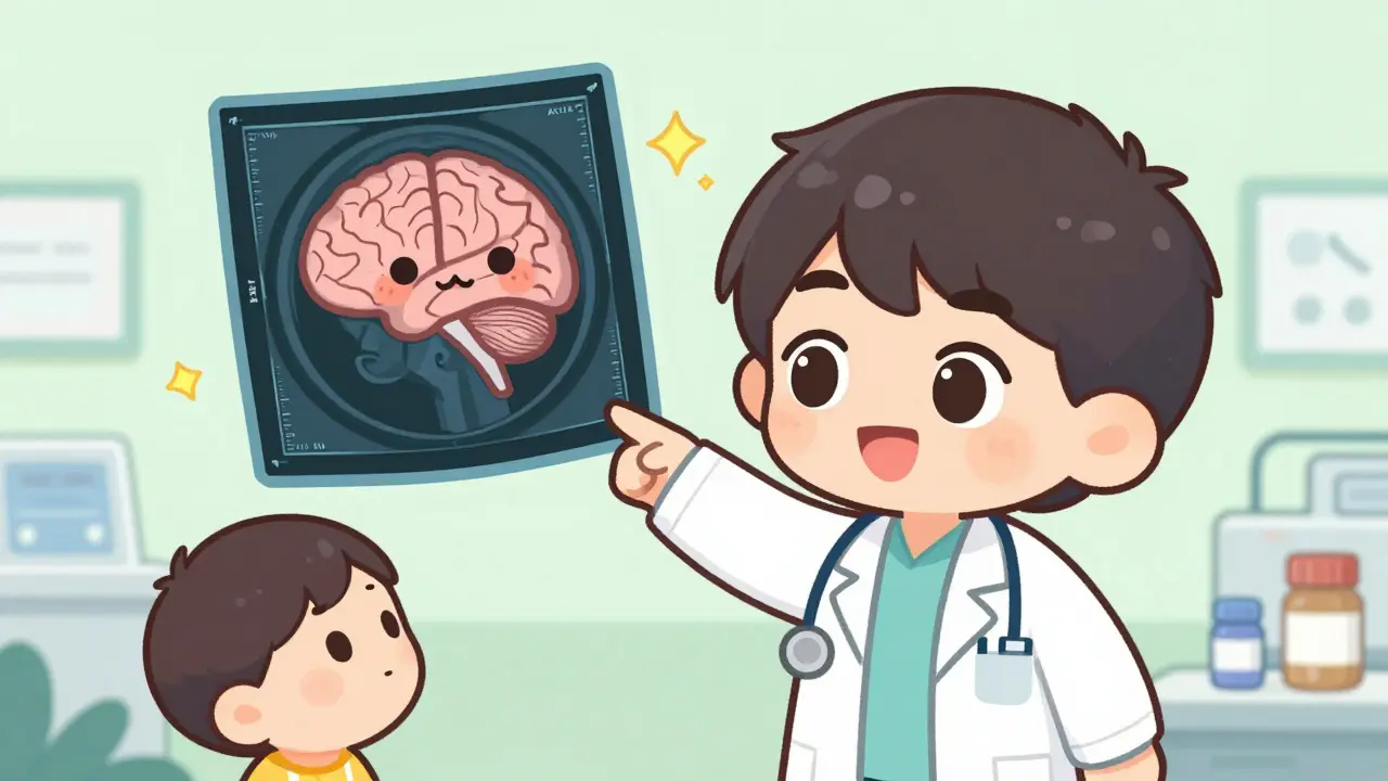 Chibi doctor explaining brain MRI safety to a patient