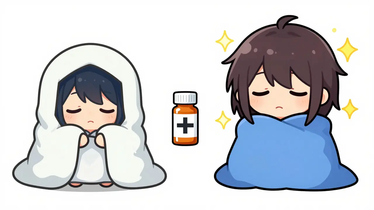 Chibi illustration comparing low vs high medication dose effects
