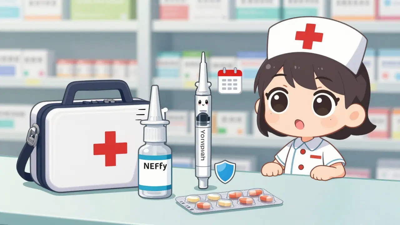 Chibi nurse looking at cute emergency medical supplies