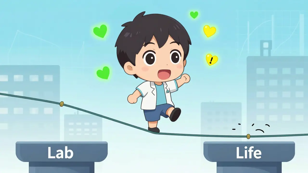 Chibi patient balancing on tightrope between lab and real-world scenarios