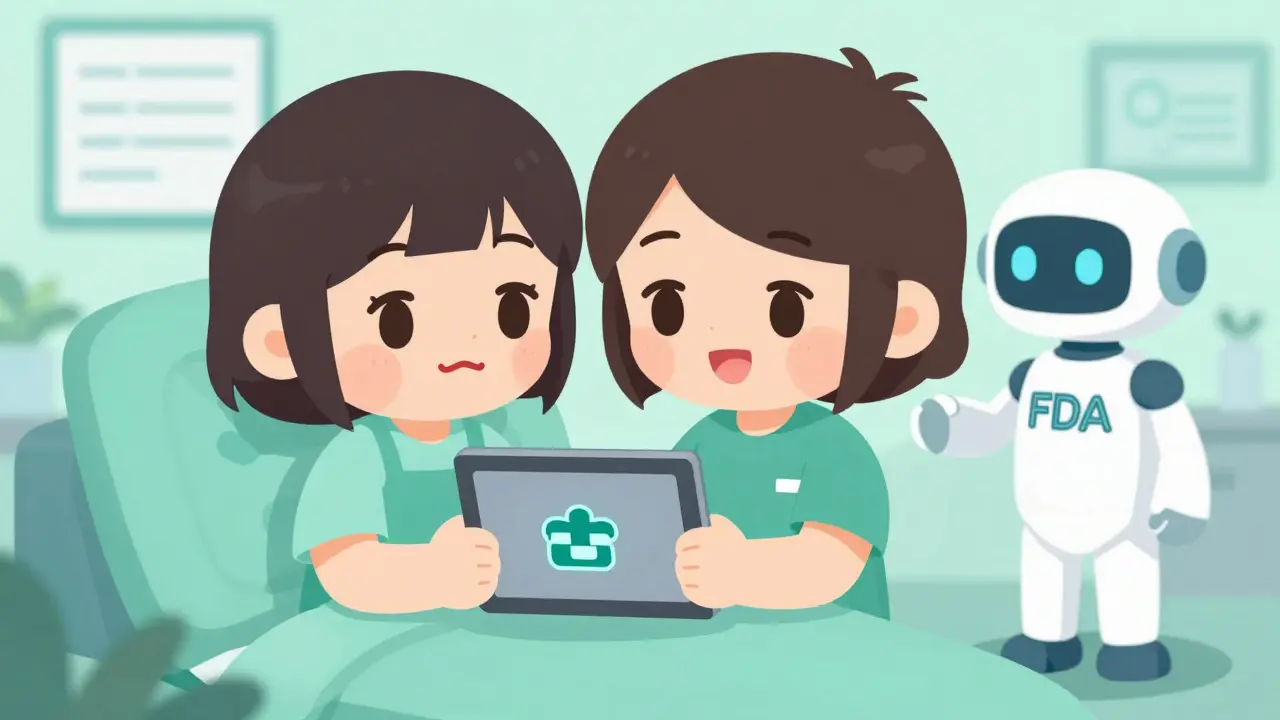 Chibi patient receiving clear safety info from a digital assistant