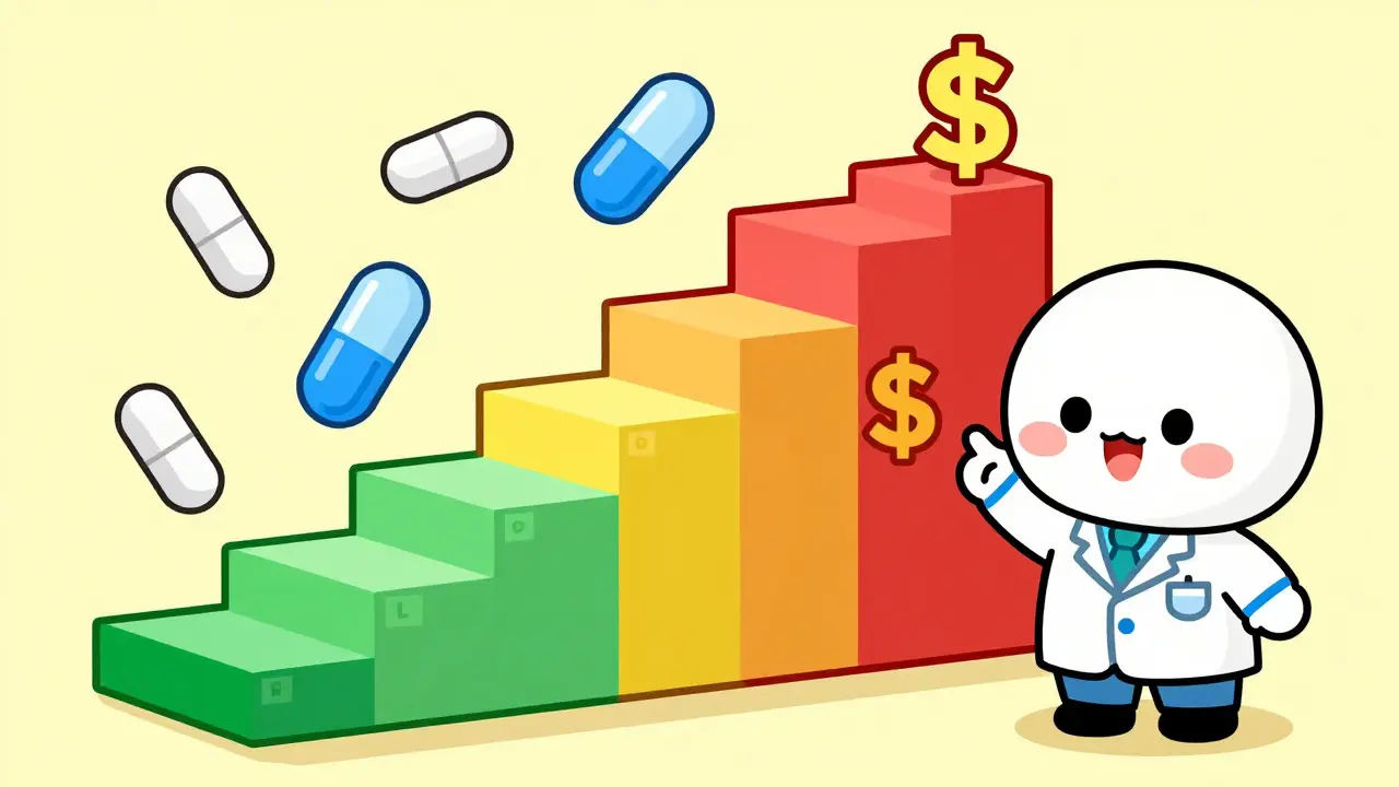 Chibi pharmacist explaining drug cost tiers with colorful ladder diagram
