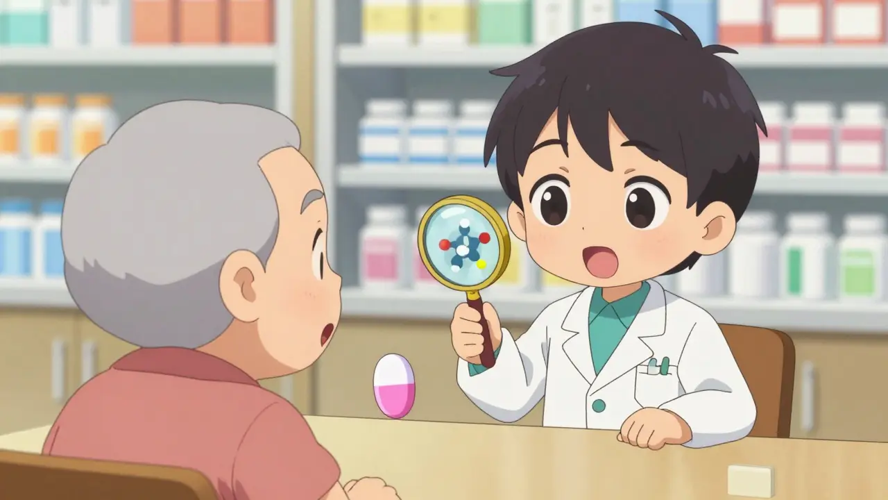 Chibi pharmacist explaining pill appearance change to surprised patient