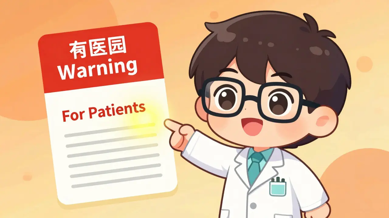 Chibi pharmacist highlighting key sections of a safety alert