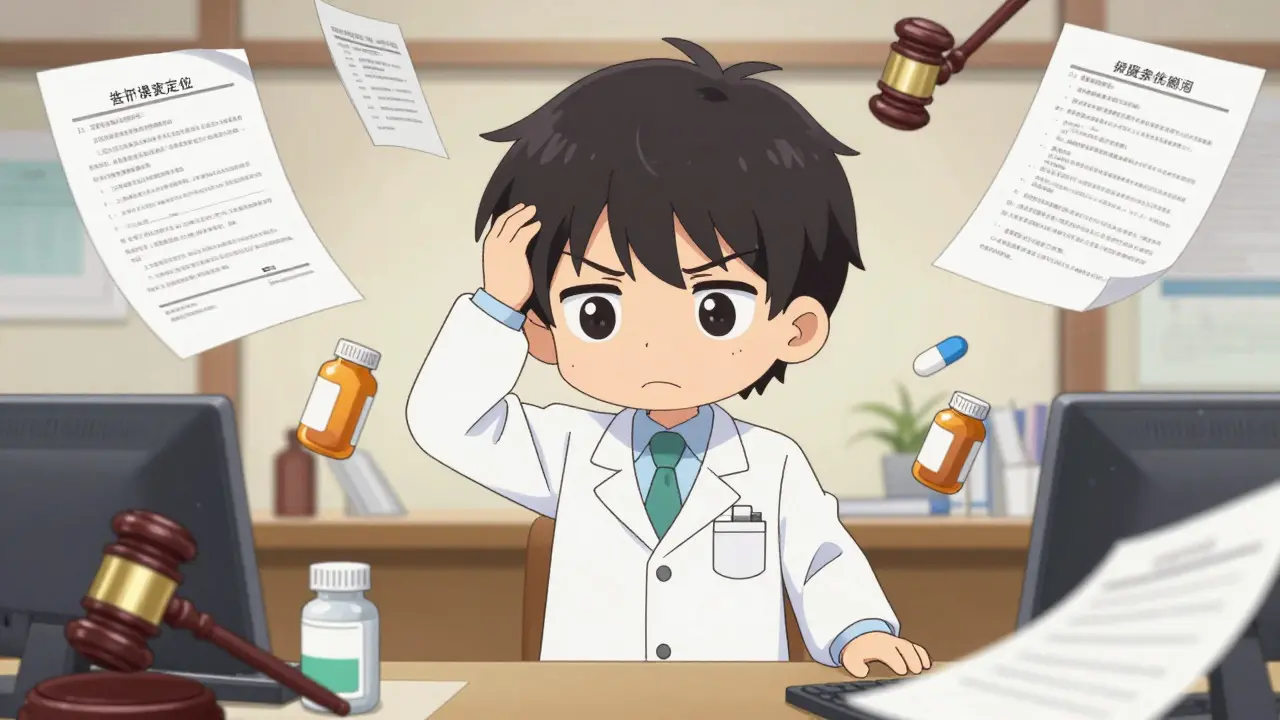 Chibi pharmacist overwhelmed by legal documents and pills illustrating regulatory chaos
