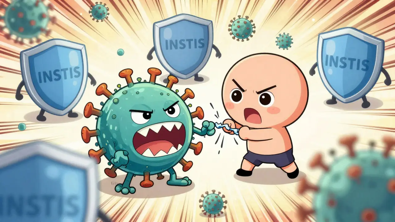 Chibi virus blocked by shielded medicine characters, showing drug resistance.