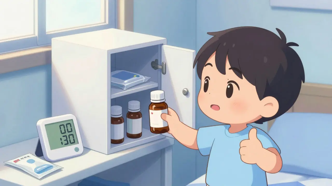 Cute character storing meds in a dry, cool bedroom cabinet.