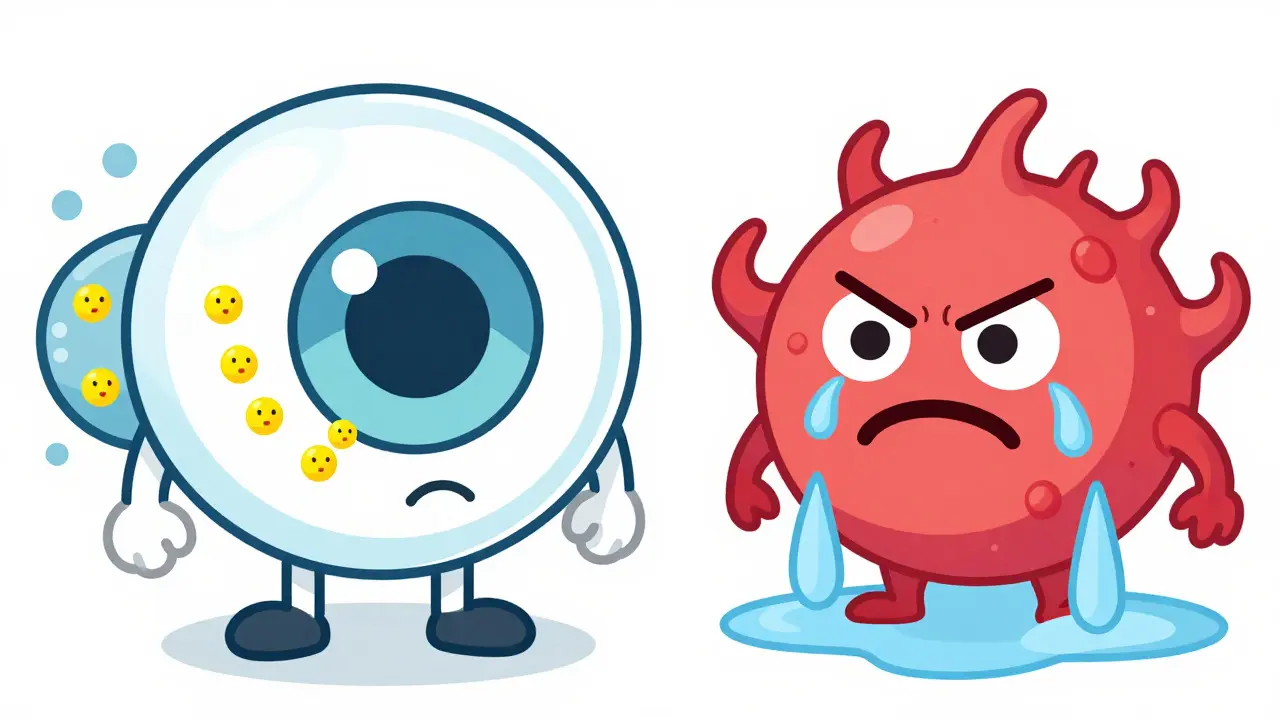 Cute chibi eye diagram showing yellow deposits and leaking vessels