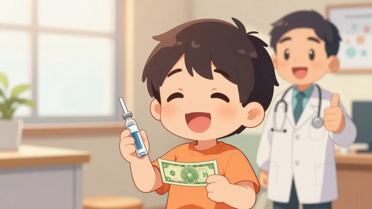 Happy chibi patient holding insulin and cash, relieved by capped costs