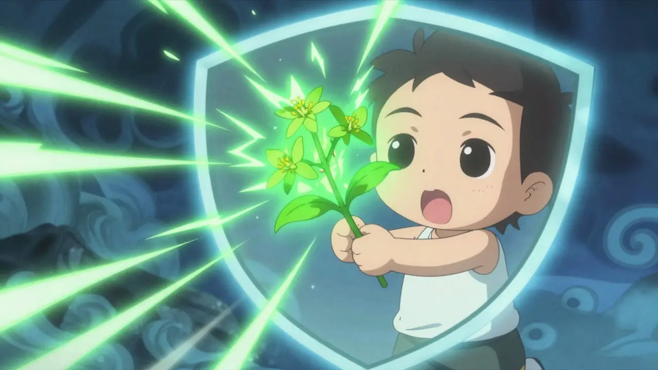 Chibi anime scene showing herbal plant energy disrupting a protective hormone shield
