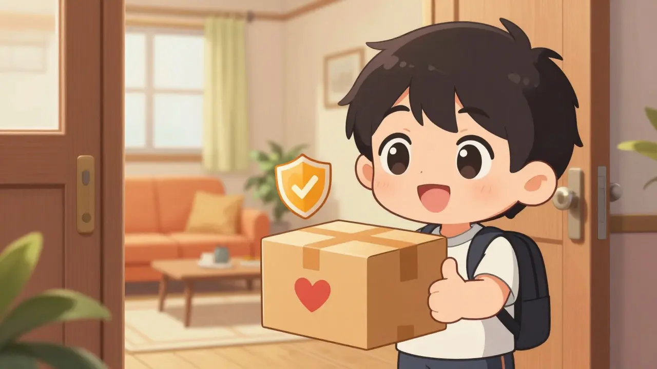 Chibi character happily receiving a verified medication package