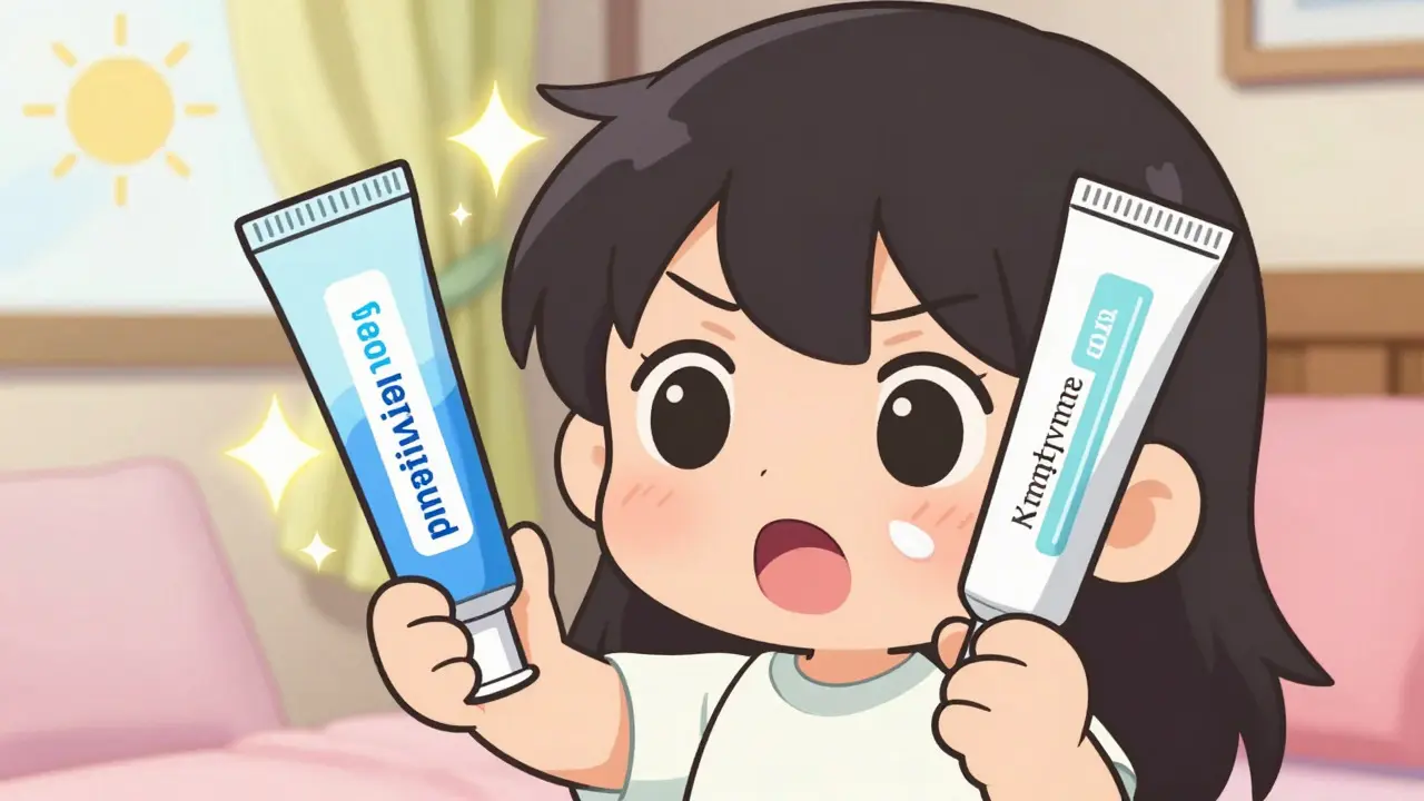 Chibi character holding skincare products, applying the correct cream with a helpful glow