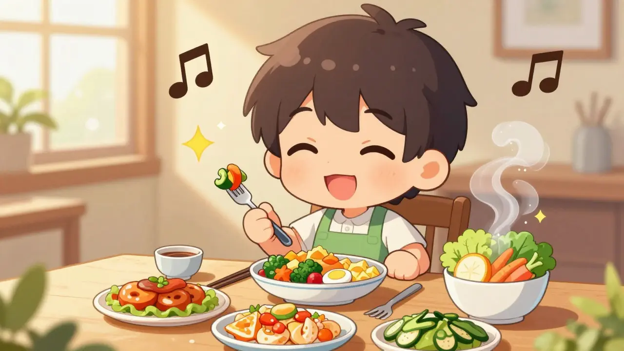 Chibi character mindfully enjoying a colorful meal using all senses