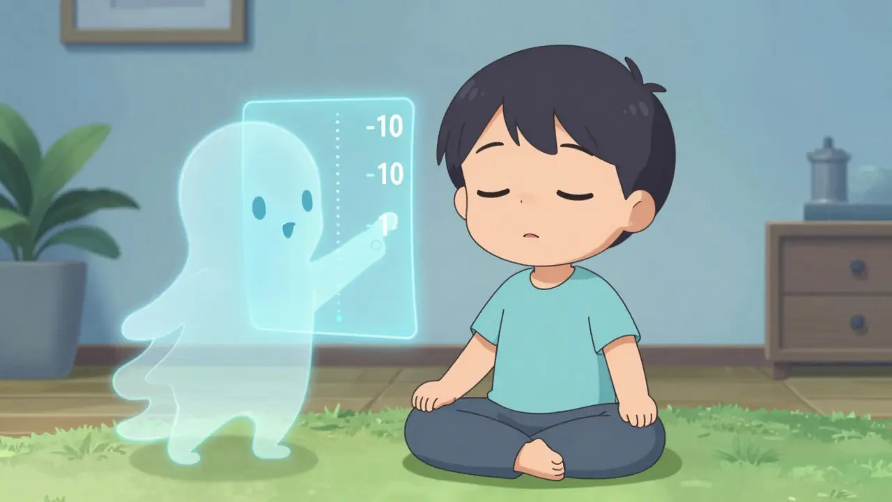 Chibi character practicing mindful breathing and checking hunger level