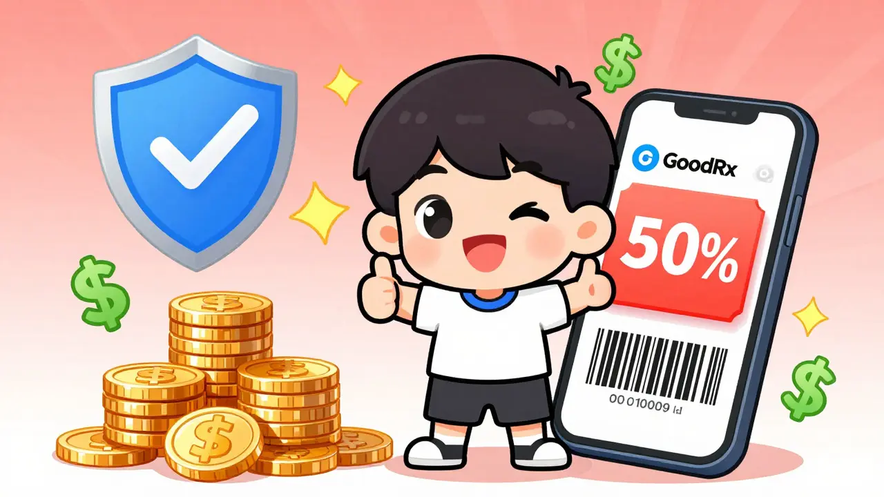 Chibi character saving money with coupon app and shield icon