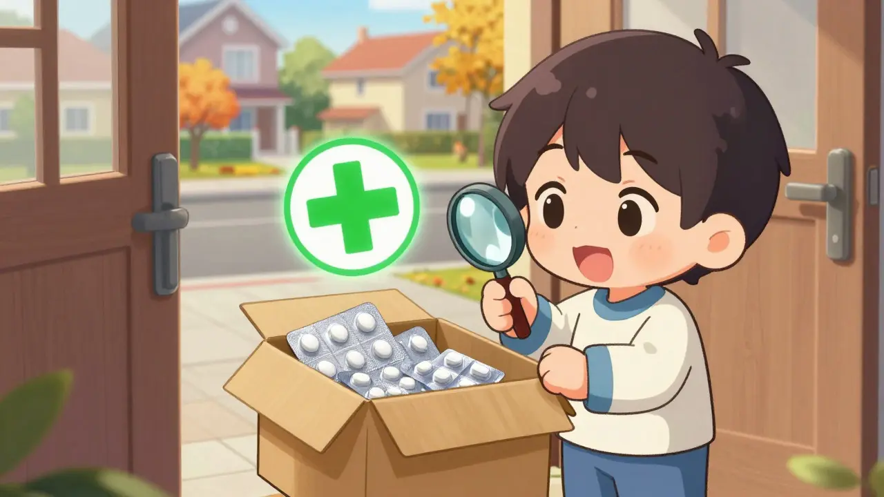 Chibi character verifying a medication delivery package at their doorstep