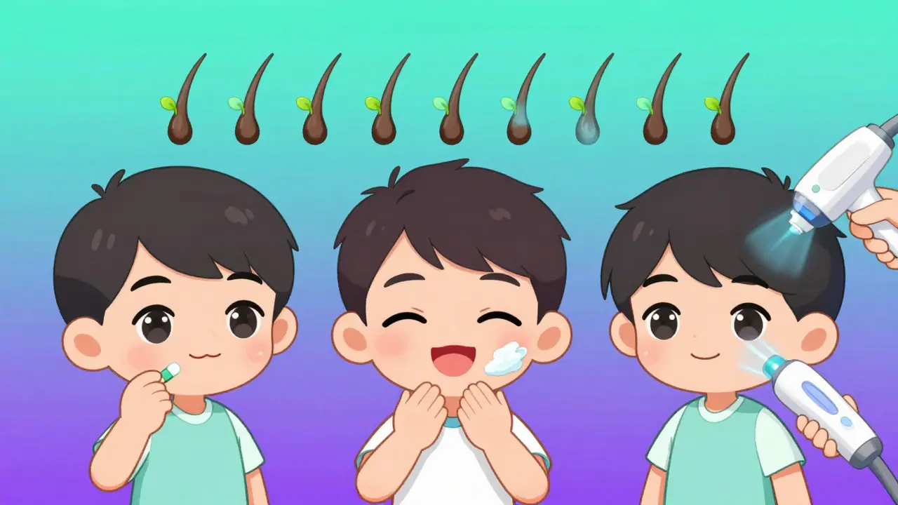 Chibi characters demonstrating combined hair reduction therapies
