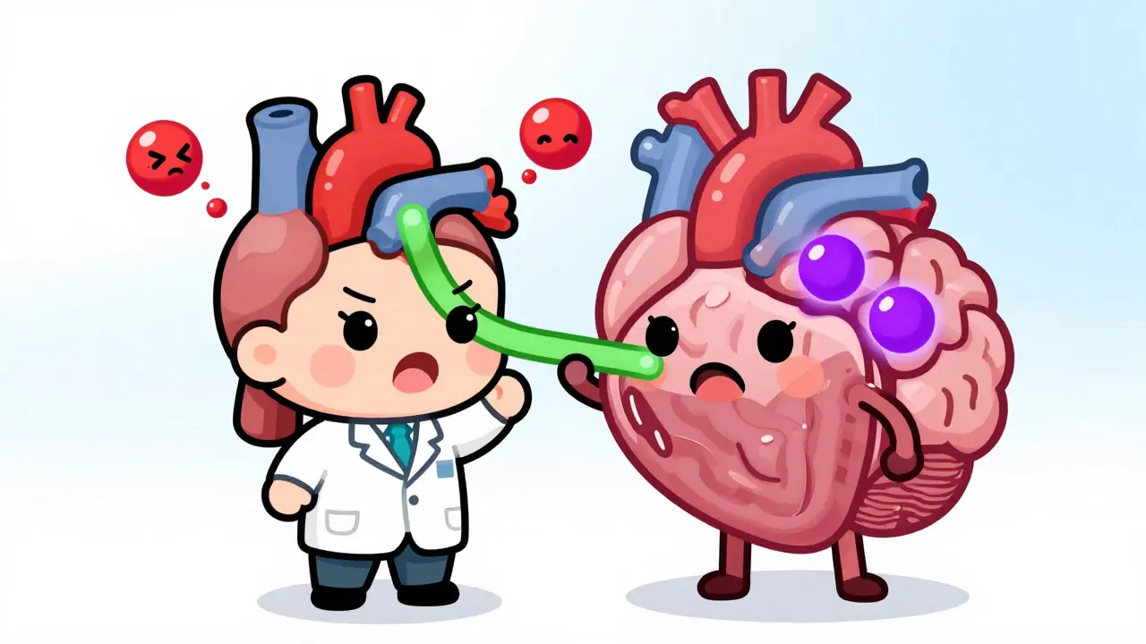 Chibi doctor explaining molecular interactions affecting heart and brain health