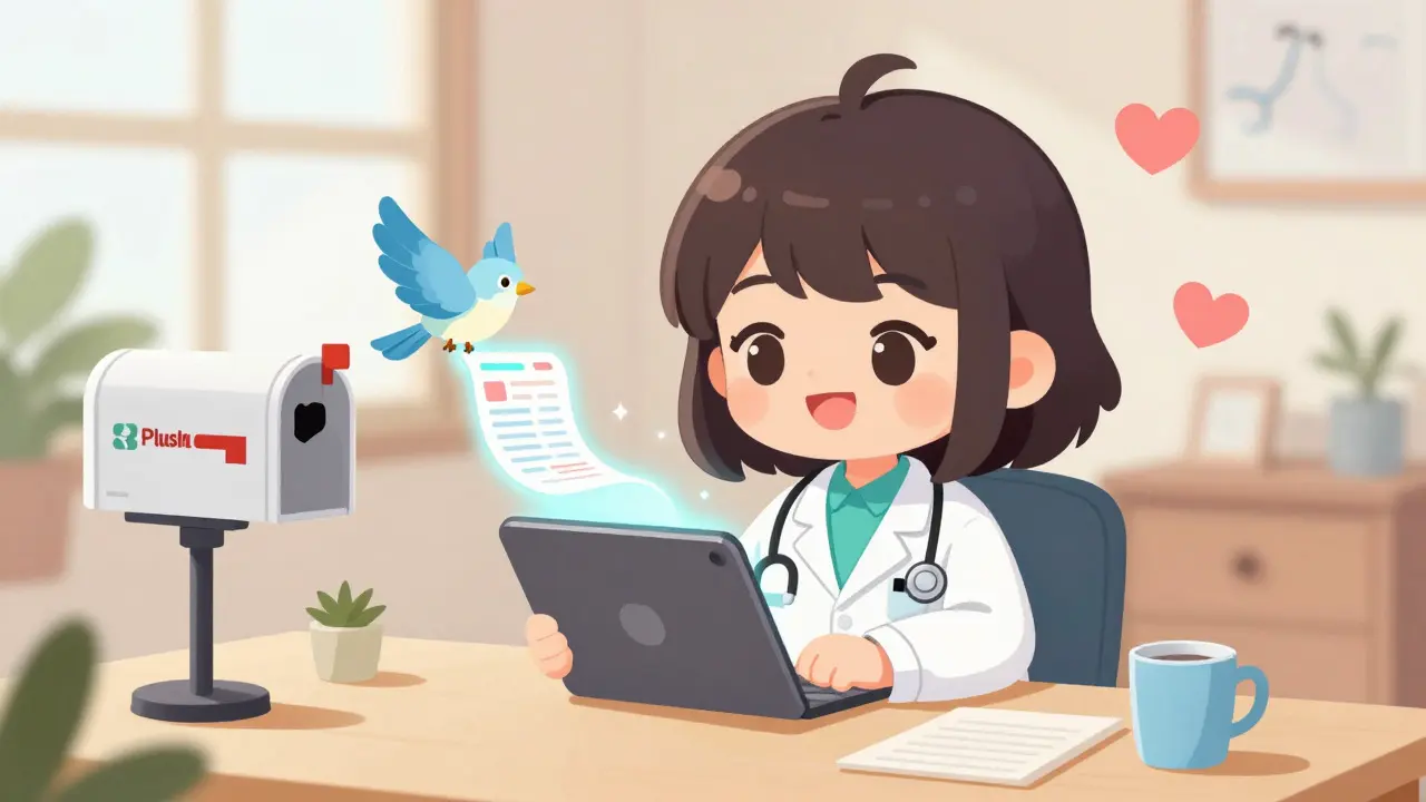Chibi doctor sending digital prescription via tablet safely