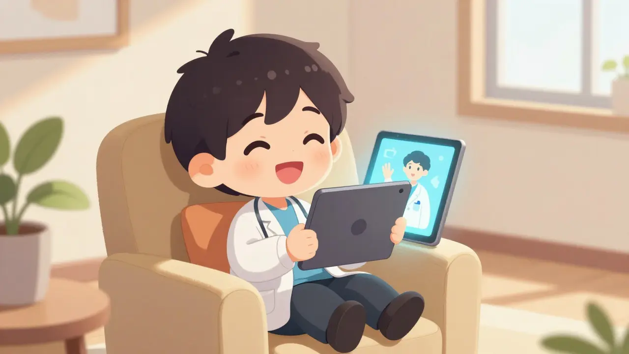Happy chibi character using a tablet for a telehealth consultation at home