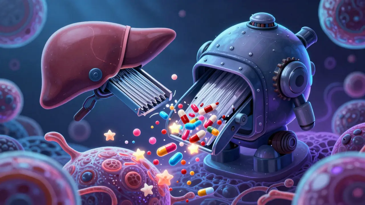Microscopic chibi scene showing enzyme shredders breaking down hormone molecules