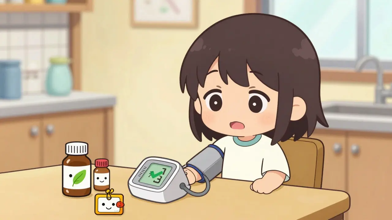 Relieved chibi patient checking stable blood pressure with safe medications
