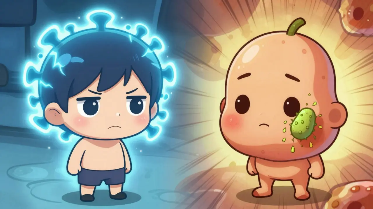 Two chibi characters illustrating viral nerve activity versus clogged pores with oil and bacteria
