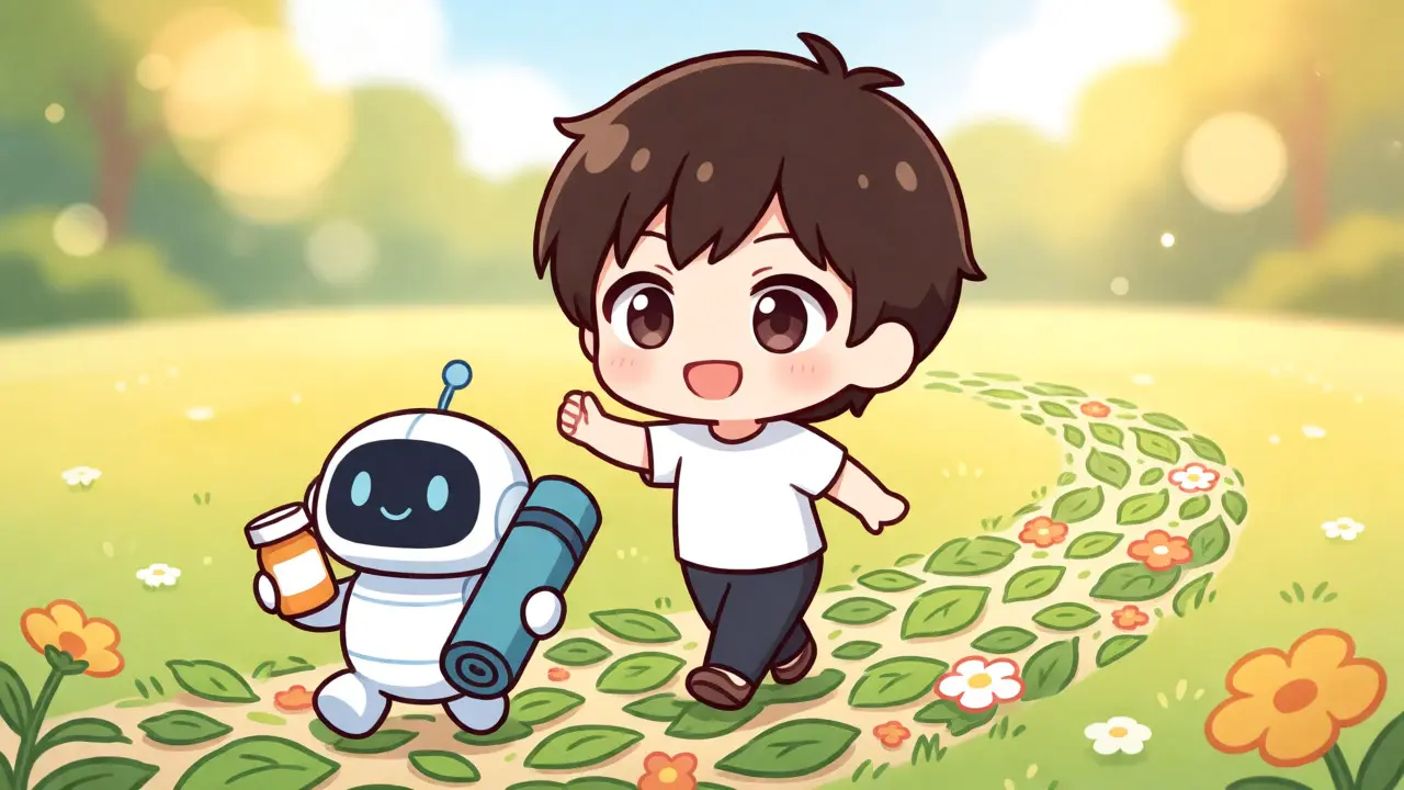 Chibi figure walking with medication and yoga mat for holistic care