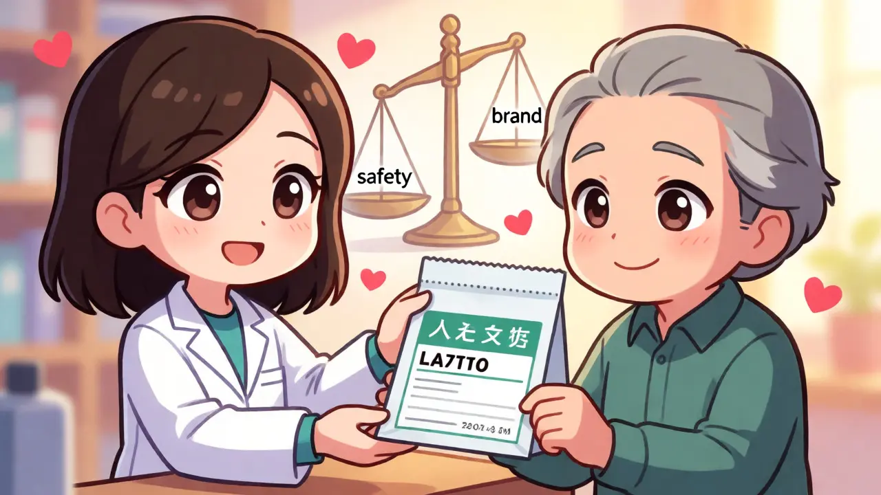 Friendly chibi pharmacist counseling an older adult with large-print labels.