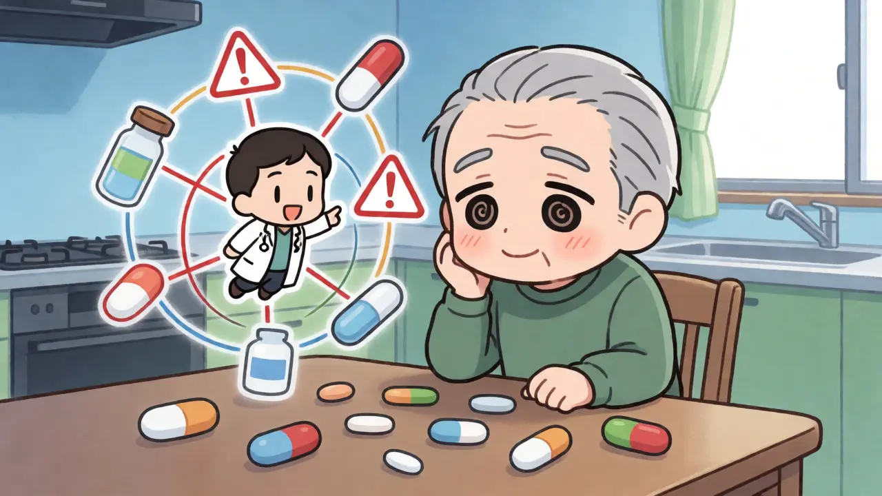 Overwhelmed chibi senior surrounded by floating medication icons and interaction warnings.